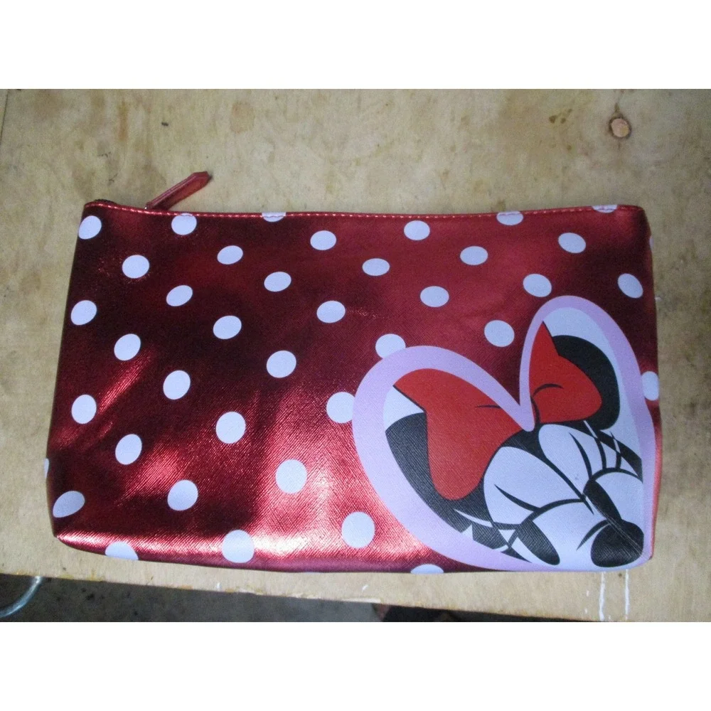 Disney Minnie Mouse Red Metallic Polka Dot Heart Makeup Bag Cosmetic Pouch